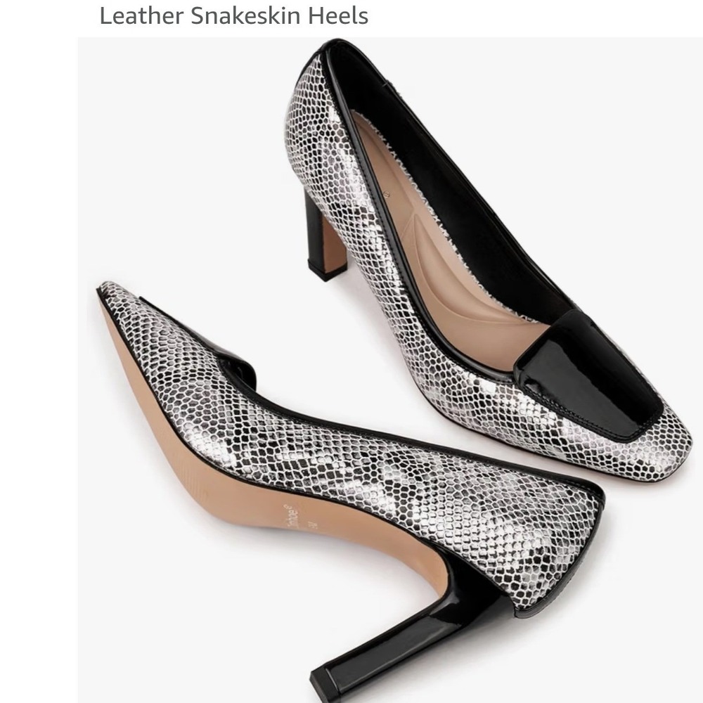 Clmhoe Snakeskin Heels Women 9M Black White Square Toe Patent Career Glam